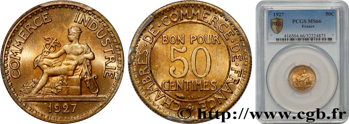 50 centimes Chambres de Commerce 1927 Paris F.191/9 MS66 PCGS