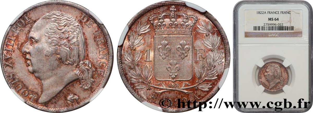 1 franc Louis XVIII 1822 Paris F.206/40 fST64 NGC