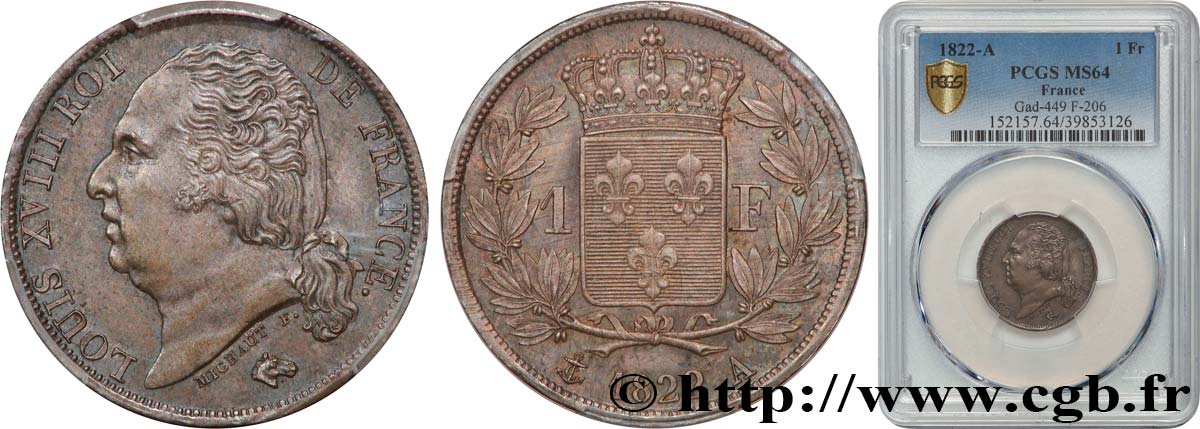 1 franc Louis XVIII 1822 Paris F.206/40 SPL64 PCGS