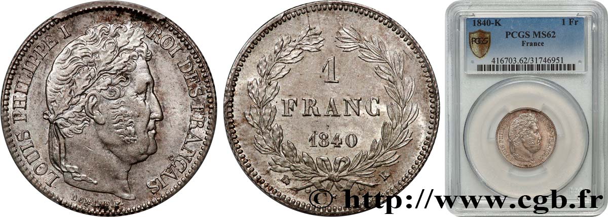 1 franc Louis-Philippe, couronne de chêne 1840 Bordeaux F.210/77 SUP62 PCGS