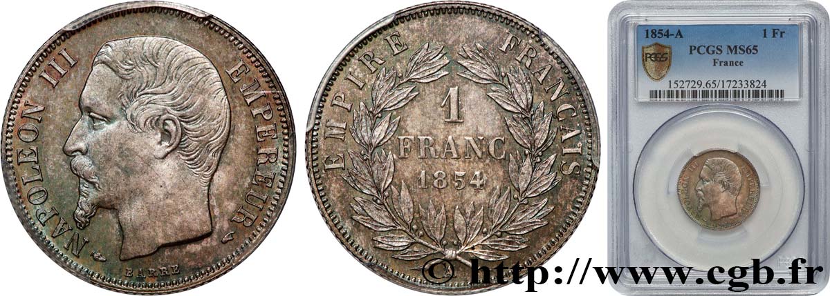 1 franc Napoléon III, tête nue 1854 Paris F.214/2 FDC65 PCGS