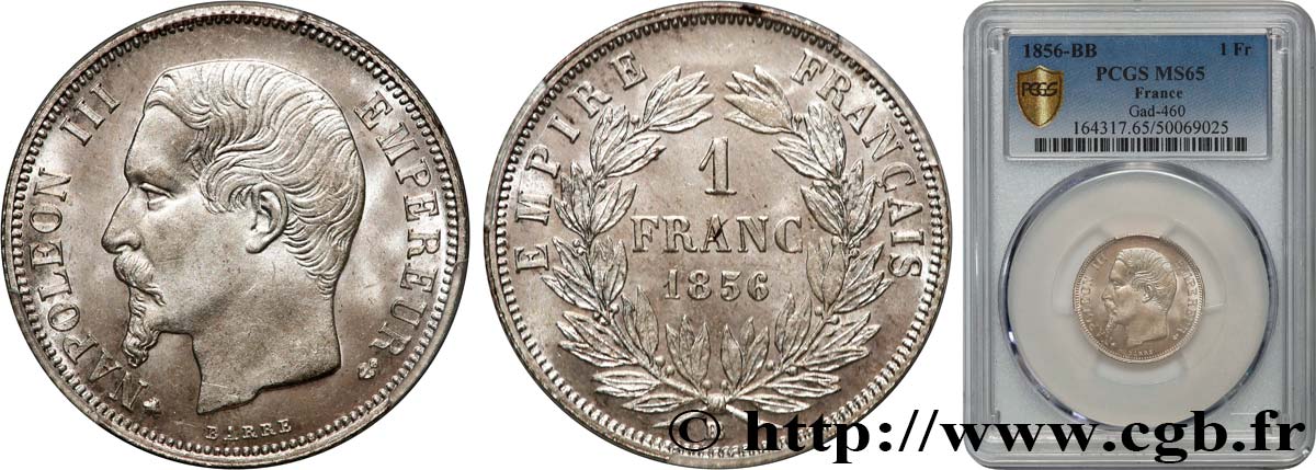 1 franc Napoléon III, tête nue  1856 Strasbourg F.214/7 FDC65 PCGS