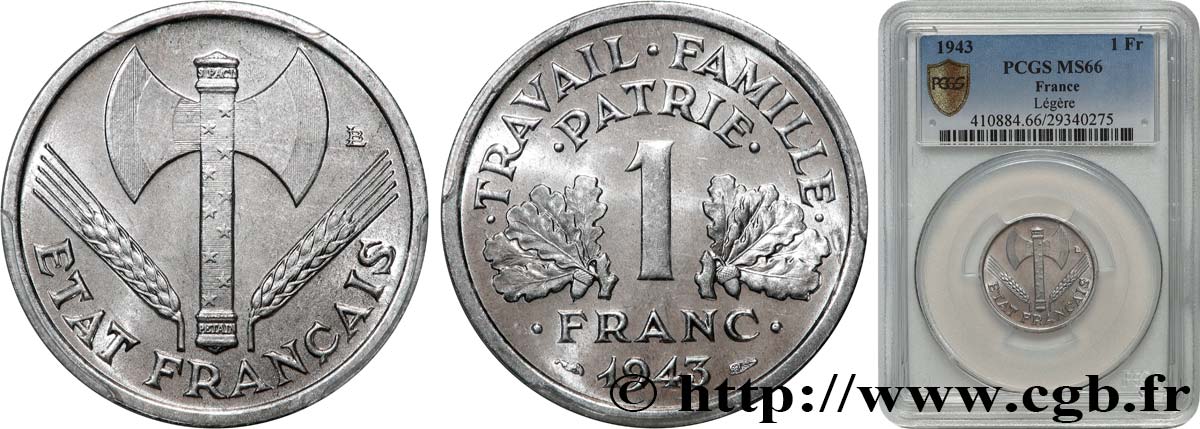 1 franc Francisque, légère 1943  F.223/3 MS66 GENI