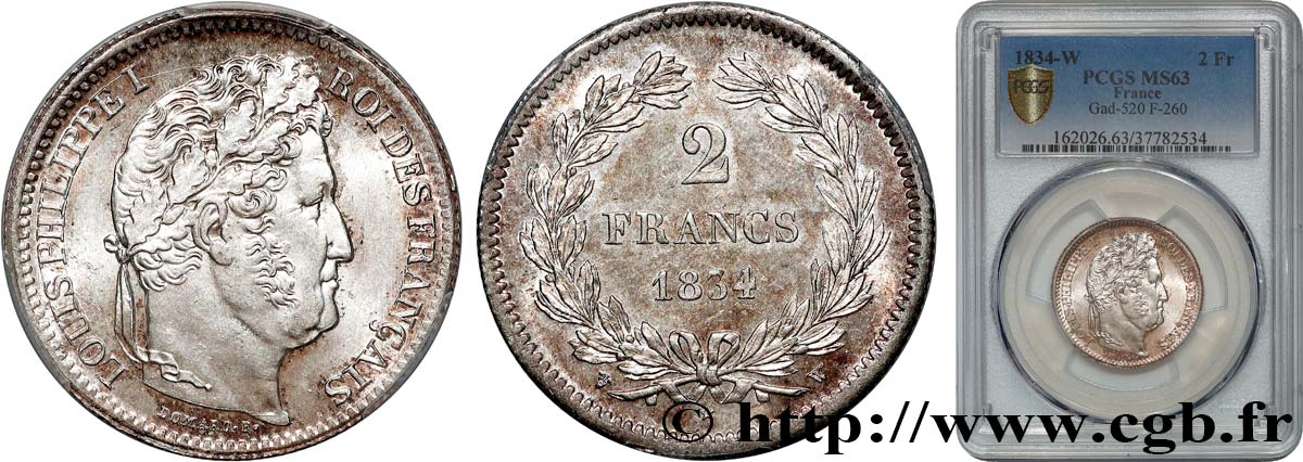 2 francs Louis-Philippe 1834 Lille F.260/41 MS63 PCGS