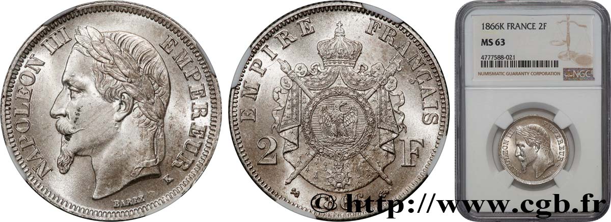 2 francs Napoléon III, tête laurée 1866 Bordeaux F.263/4 MS63 NGC