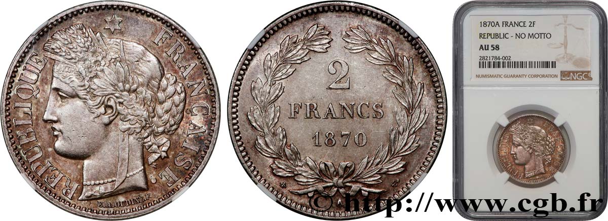 2 francs Cérès, sans légende 1870 Paris F.264/1 AU58 NGC