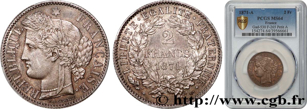 2 francs Cérès, avec légende 1871 Paris F.265/5 SPL64 PCGS