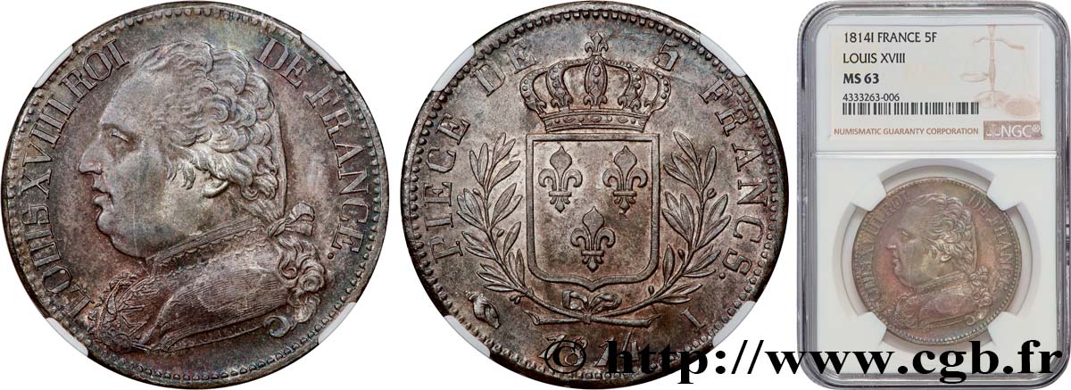 5 francs Louis XVIII, buste habillé 1814 Limoges F.308/6 MS63 NGC