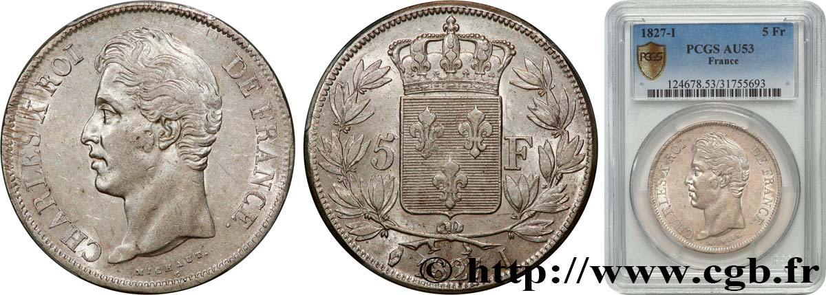 5 francs Charles X, 2e type 1827 Limoges F.311/6 AU53 PCGS