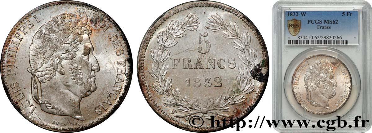 5 francs IIe type Domard 1832 Lille F.324/13 SUP62 PCGS