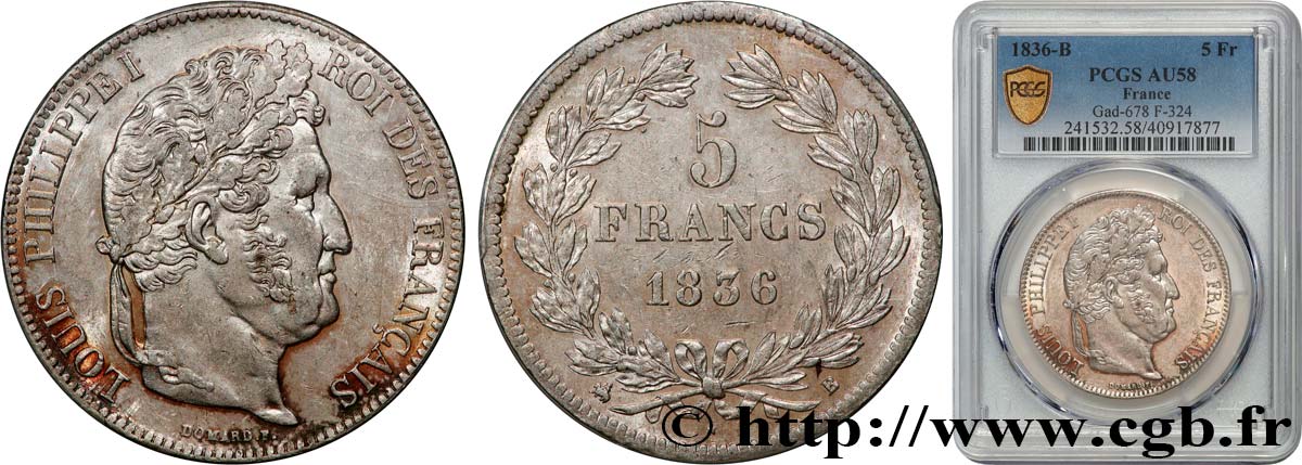 5 francs IIe type Domard 1836 Rouen F.324/54 AU58 PCGS