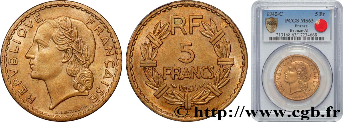 5 francs Lavrillier, bronze-aluminium 1945 Castelsarrasin F.337/6 fST63 PCGS