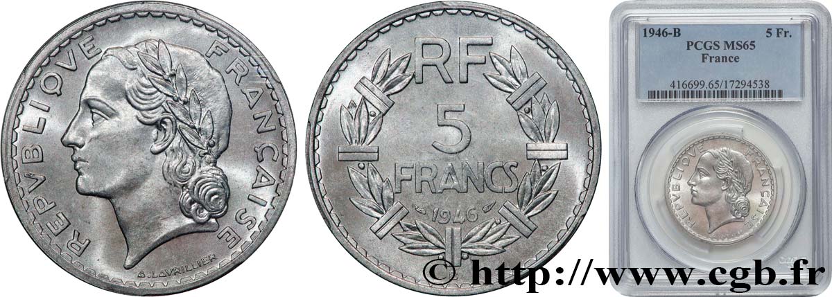 5 francs Lavrillier, aluminium 1946 Beaumont-Le-Roger F.339/7 MS65 PCGS