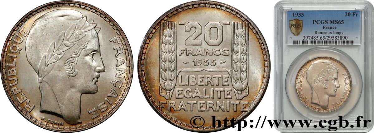 20 francs Turin, Rameaux Longs 1933  F.400/5 FDC65 PCGS