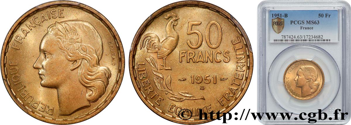 50 francs Guiraud 1951 Beaumont-Le-Roger F.425/6 SPL63 PCGS