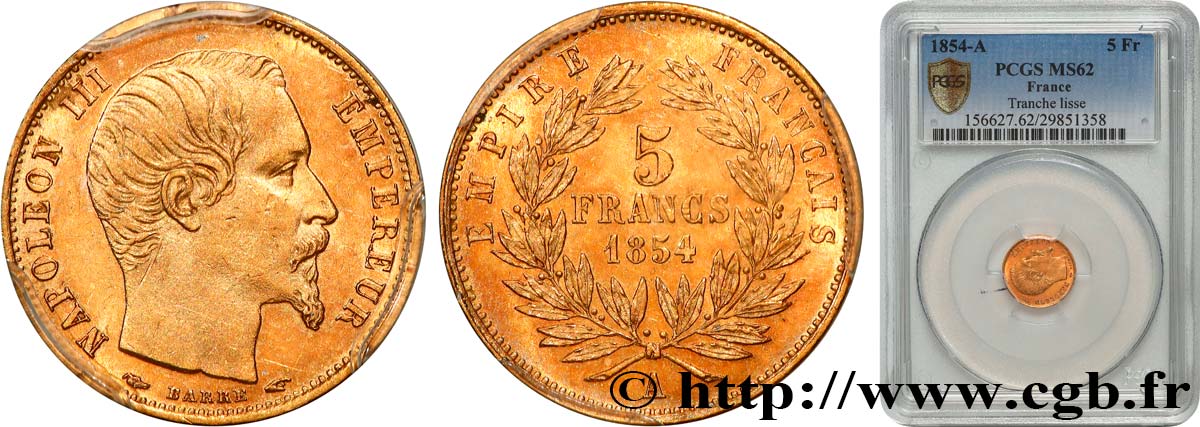 5 francs or Napoléon III, tête nue, petit module, tranche lisse 1854 Paris F.500/1 SUP62 PCGS