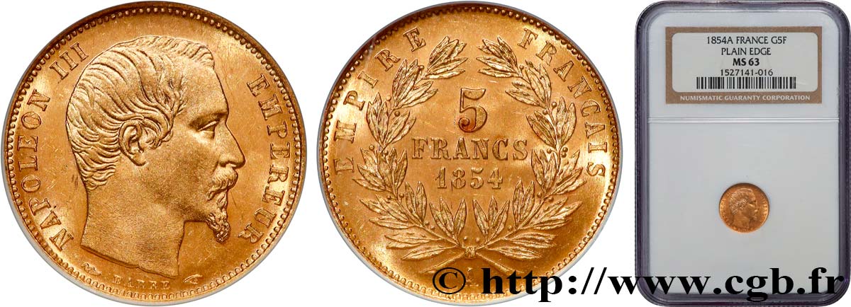 5 francs or Napoléon III, tête nue, petit module, tranche lisse 1854 Paris F.500/1 SC63 NGC