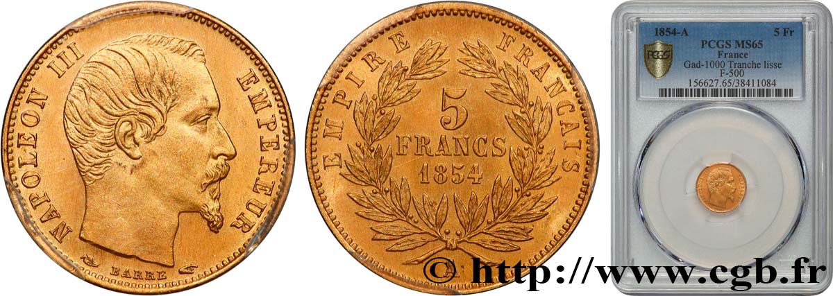 5 francs or Napoléon III, tête nue, petit module, tranche lisse 1854 Paris F.500/1 MS65 PCGS