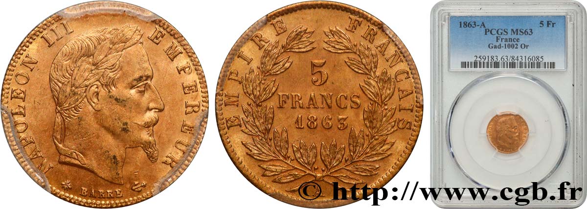 5 francs or Napoléon III, tête laurée 1863 Paris F.502/3 MS63 PCGS