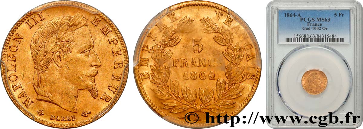 5 francs or Napoléon III, tête laurée 1864 Paris F.502/5 fST63 PCGS