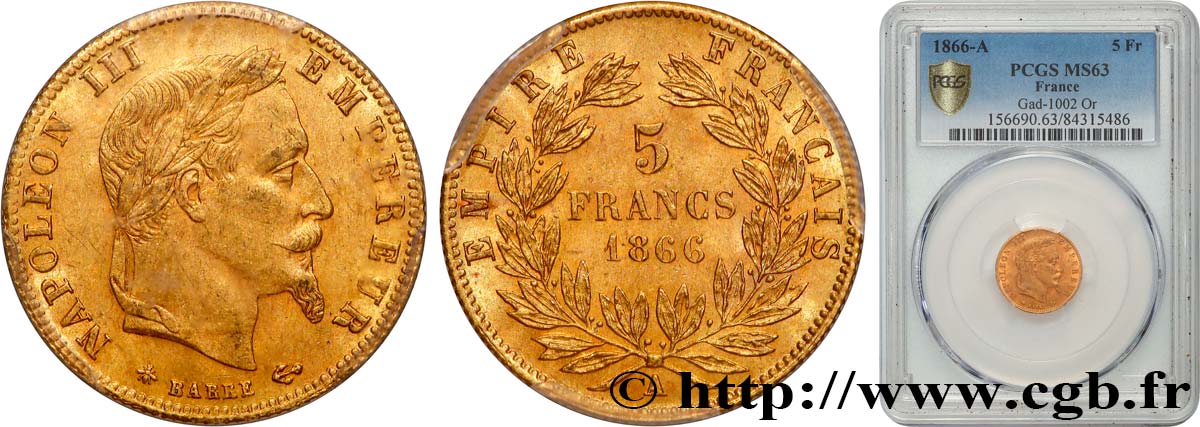 5 francs or Napoléon III, tête laurée 1866 Paris F.502/9 SC63 PCGS