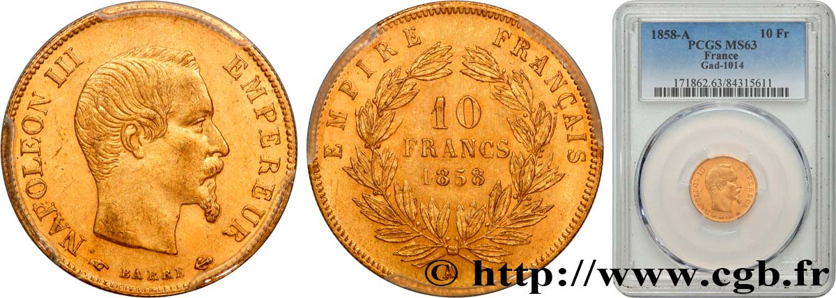 10 francs or Napoléon III, tête nue 1858 Paris F.506/5 SPL63 PCGS