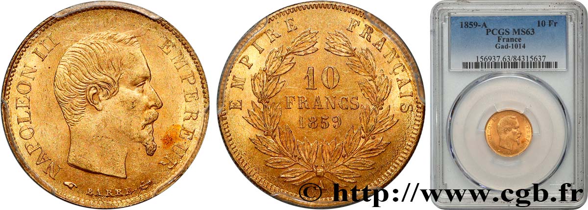 10 francs or Napoléon III, tête nue 1859 Paris F.506/7 SPL63 PCGS