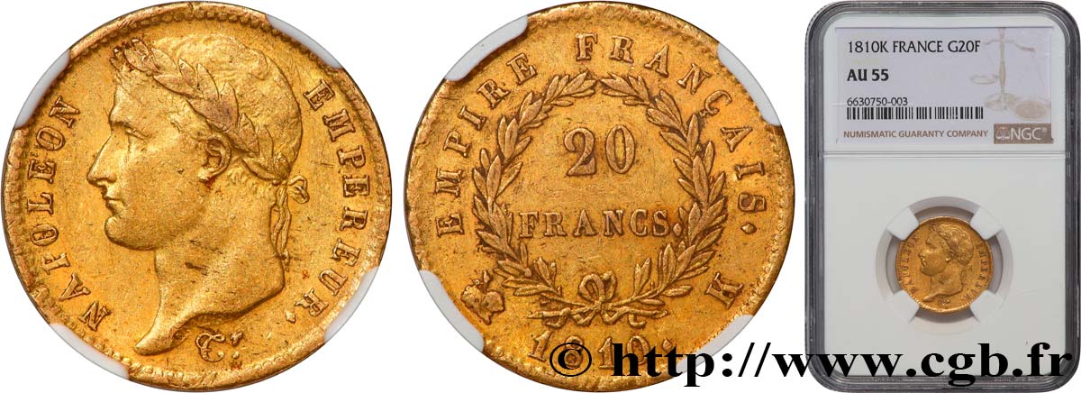 20 francs or Napoléon, tête laurée, Empire français 1810 Bordeaux F.516/11 SUP55 NGC