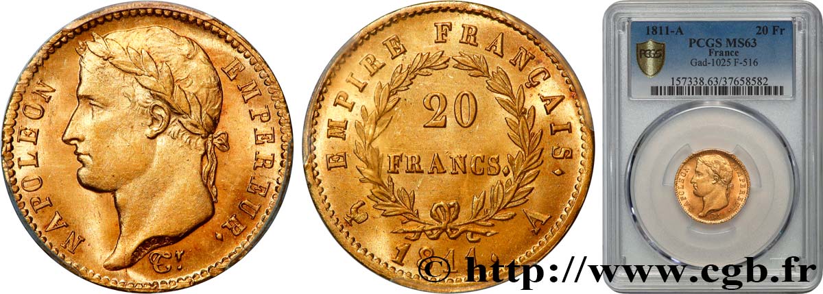 20 francs or Napoléon, tête laurée, Empire français 1811 Paris F.516/16 SPL63 PCGS