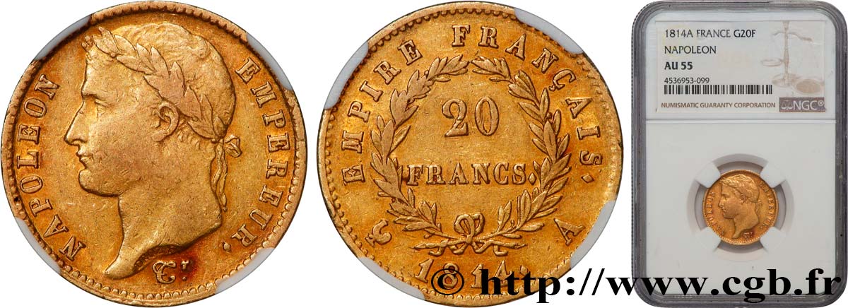 20 francs or Napoléon, tête laurée, Empire français 1814 Paris F.516/39 VZ55 NGC