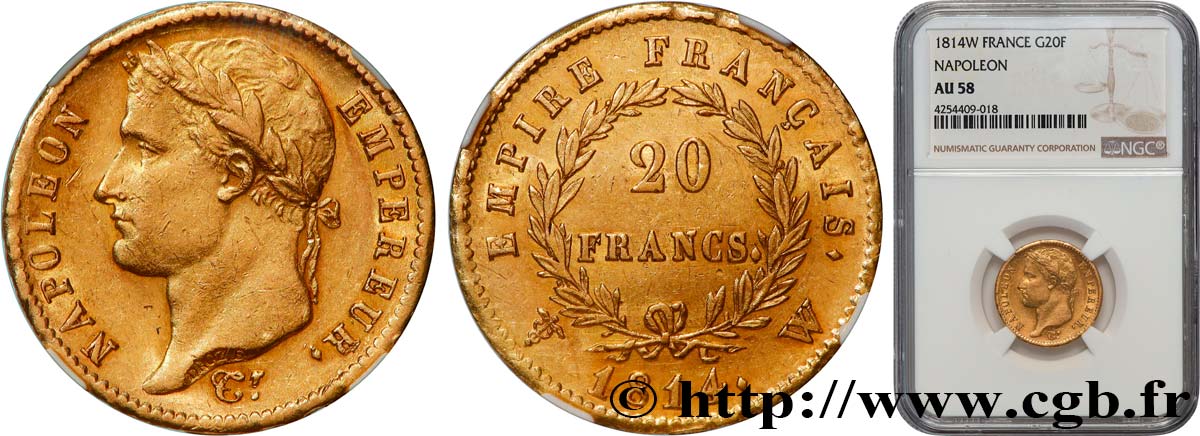 20 francs or Napoléon, tête laurée, Empire français 1814 Lille F.516/42 SUP58 NGC