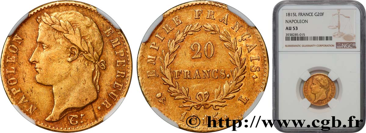 20 francs or Napoléon, tête laurée, Empire français 1815 Bayonne F.516A/2 AU53 NGC