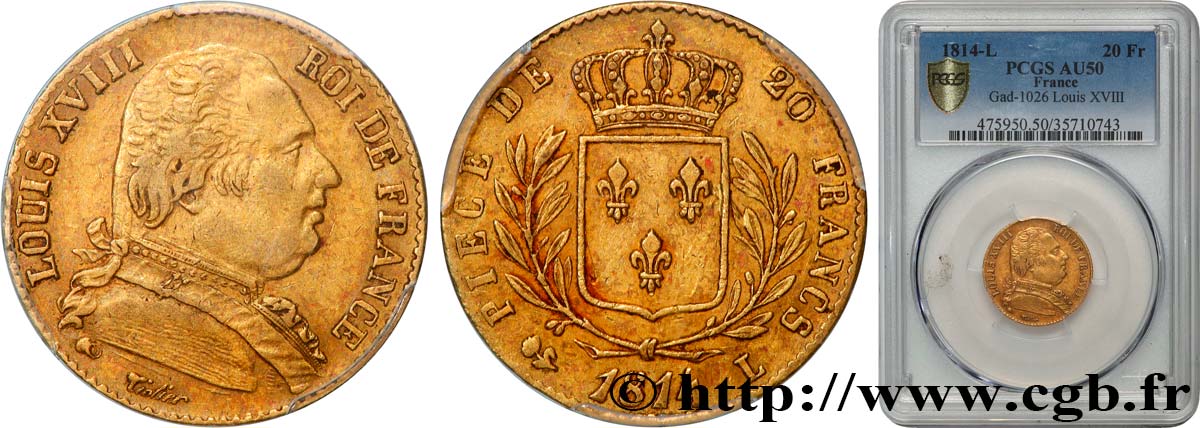 20 francs or Louis XVIII, buste habillé 1814 Bayonne F.517/6 MBC50 PCGS