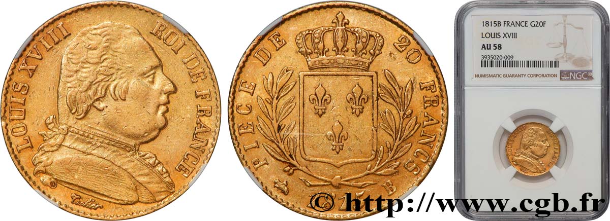 20 francs or Louis XVIII, buste habillé 1815 Rouen F.517/11 SUP58 NGC