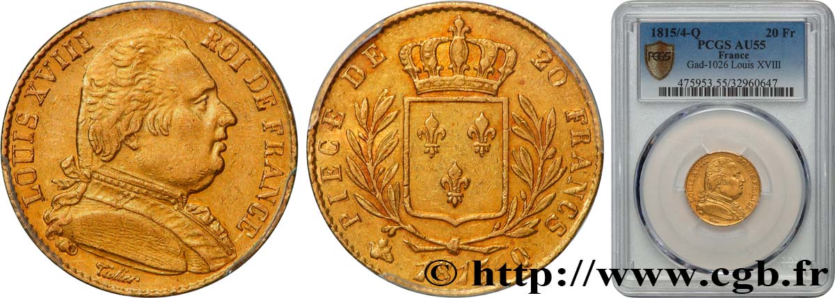 20 francs or Louis XVIII, buste habillé 1815 Perpignan F.517/17 SUP55 PCGS