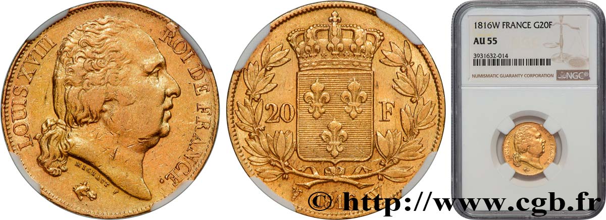 20 francs or Louis XVIII, tête nue 1816 Lille F.519/4 SUP55 NGC