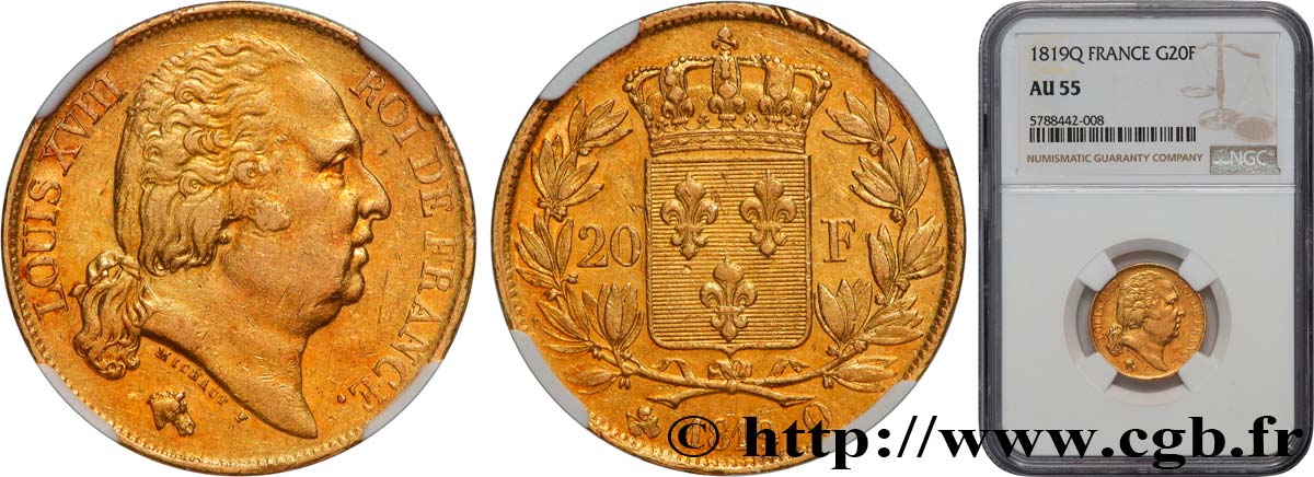 20 francs or Louis XVIII, tête nue 1819 Perpignan F.519/16 SUP55 NGC