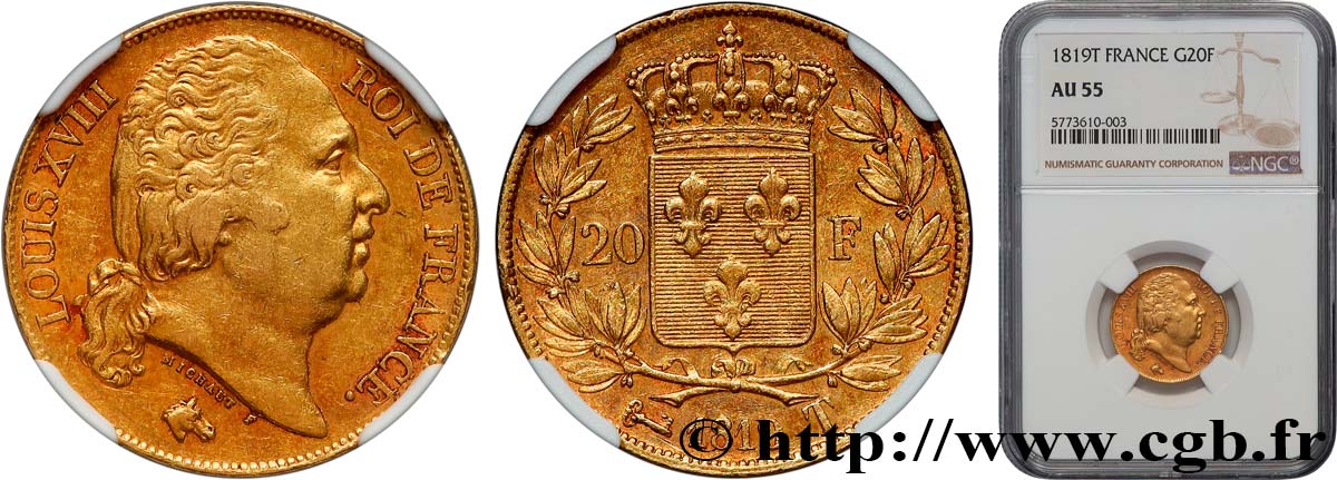 20 francs or Louis XVIII, tête nue 1819 Nantes F.519/17 SUP55 NGC