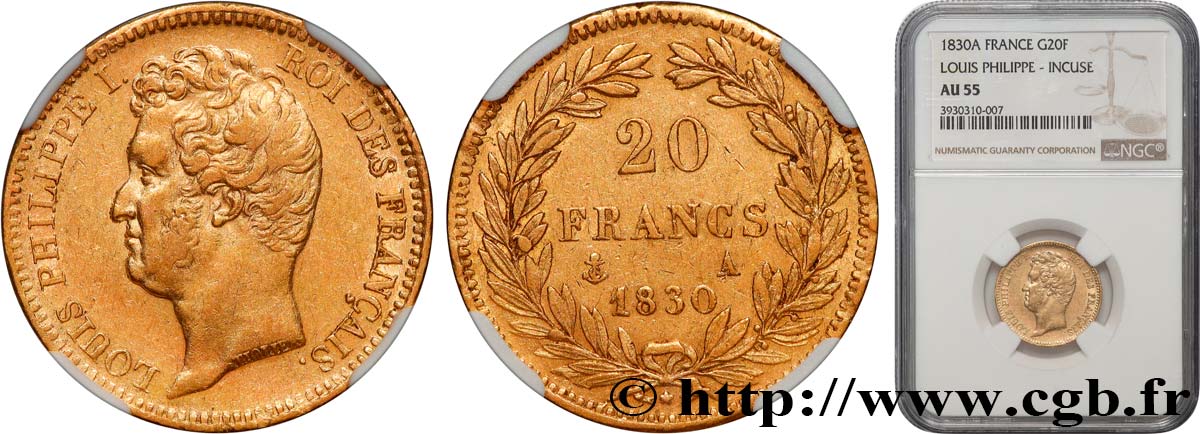 20 francs or Louis-Philippe, Tiolier, tranche inscrite en creux 1830 Paris F.524/1 AU55 NGC