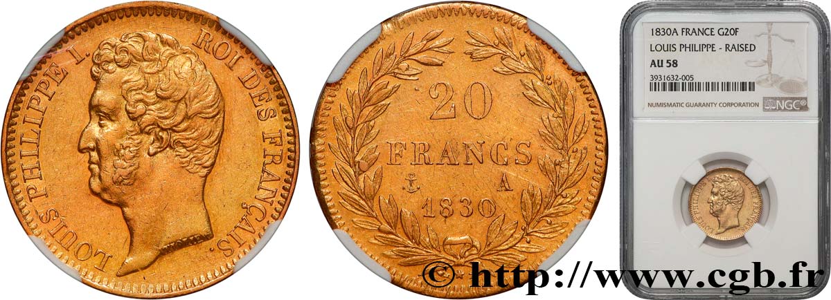 20 francs or Louis-Philippe, Tiolier, tranche inscrite en relief 1830 Paris F.525/1 AU58 NGC