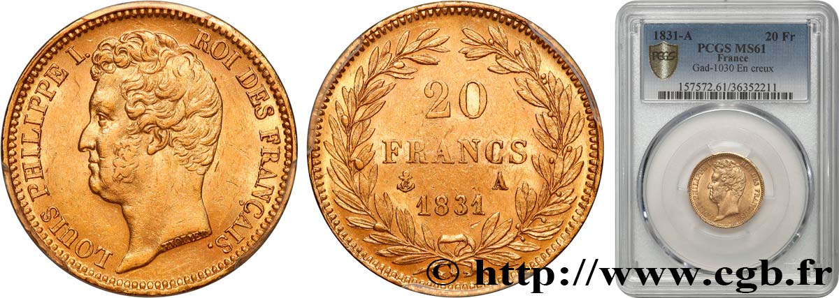 20 francs or Louis-Philippe, Tiolier, tranche inscrite en creux 1831 Paris F.524/2 SPL61 PCGS