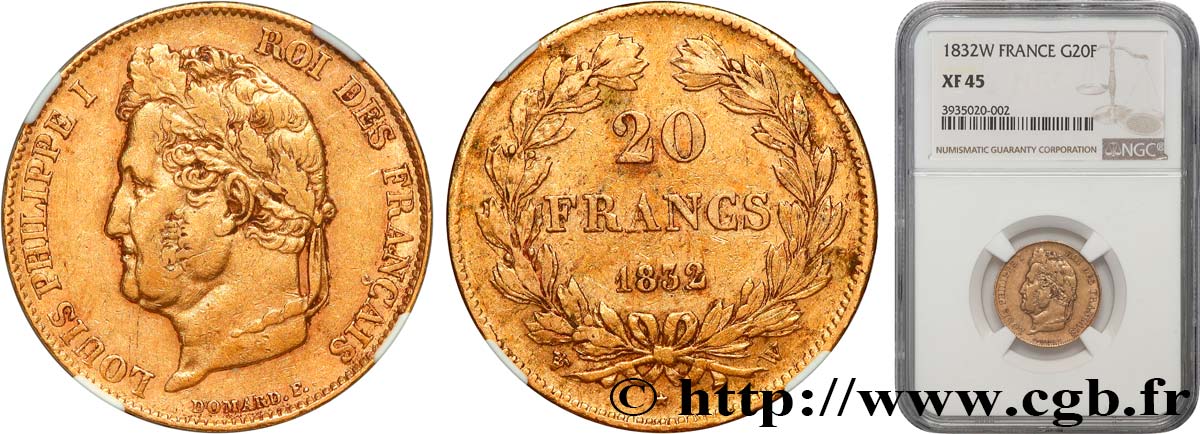 20 francs or Louis-Philippe, Domard 1832 Lille F.527/3 XF45 NGC