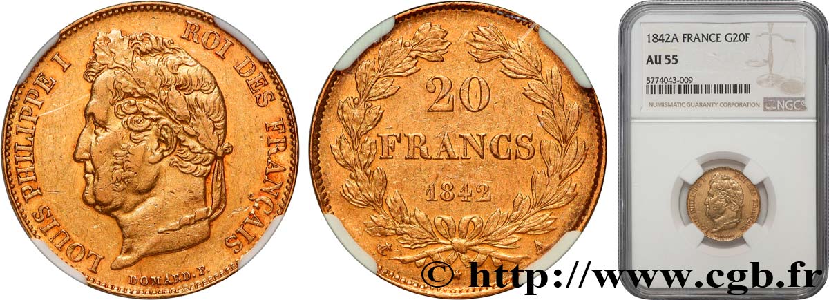 20 francs Louis-Philippe, Domard 1842 Paris F.527/27 SUP55 NGC