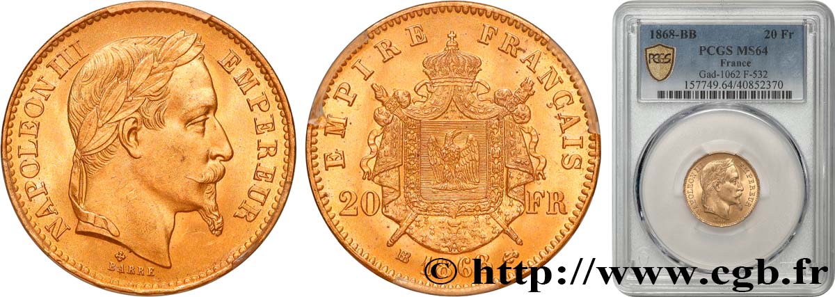 20 francs or Napoléon III, tête laurée 1868 Strasbourg F.532/19 MS64 PCGS