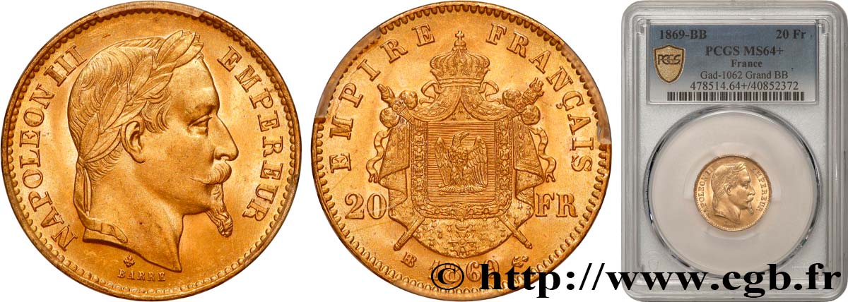 20 francs or Napoléon III, tête laurée, petit BB 1869 Strasbourg F.532/21 SPL64 PCGS