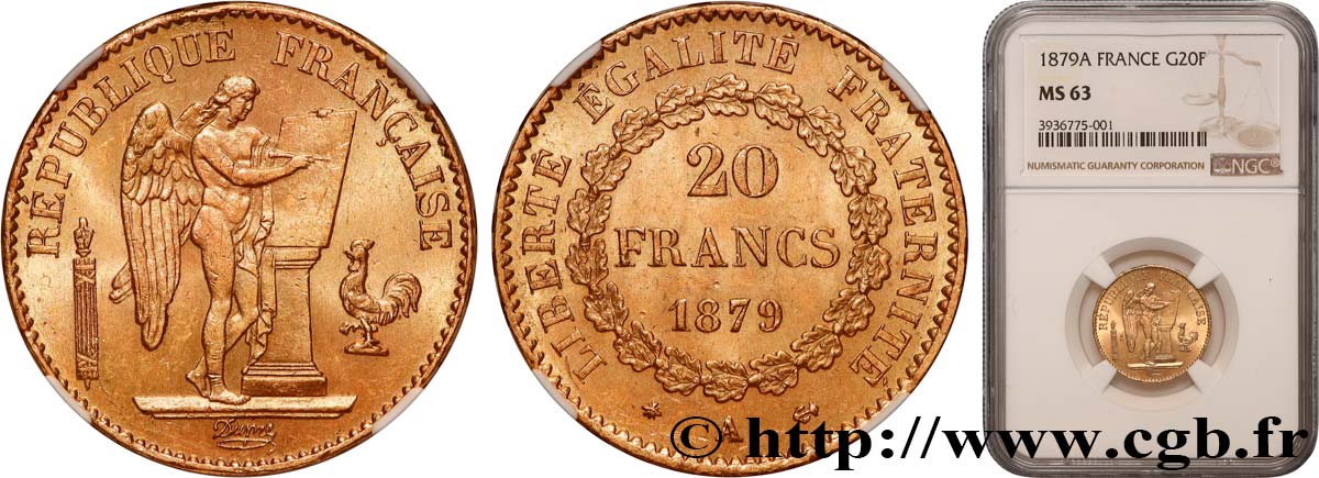 20 francs génie, Troisième république 1879 Paris F.533/8 SPL63 NGC