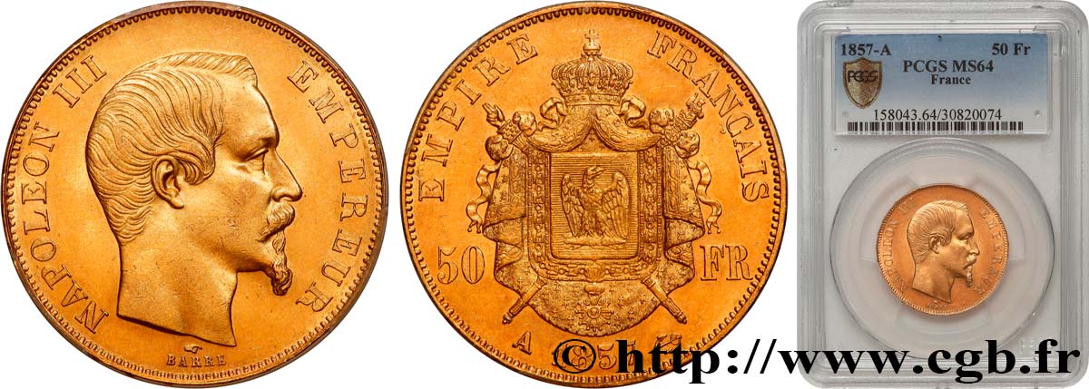 50 francs or Napoléon III, tête nue 1857 Paris F.547/4 MS64 PCGS