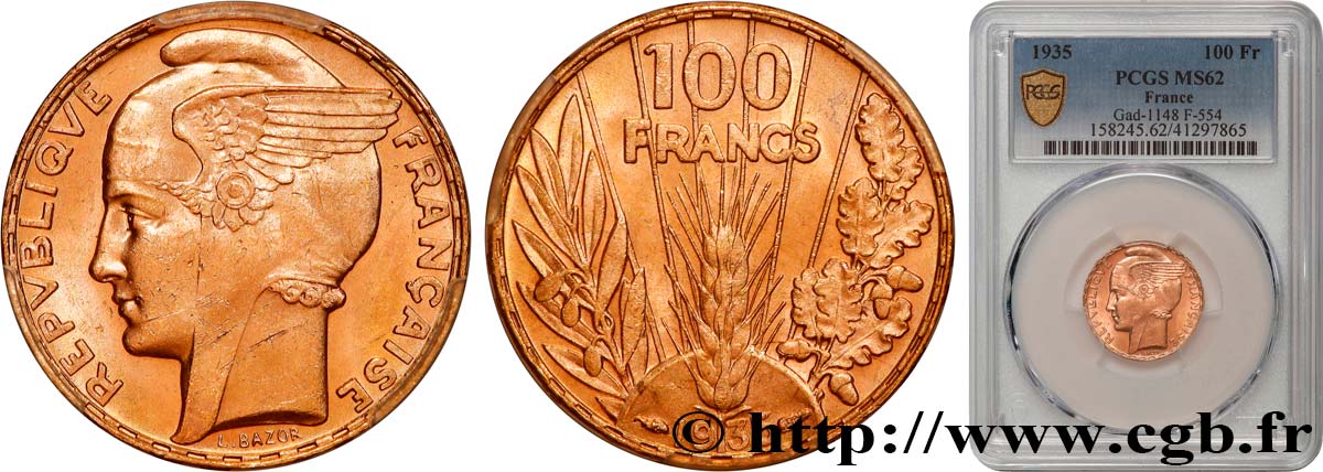 100 francs or, Bazor 1935 Paris F.554/6 MS62 PCGS