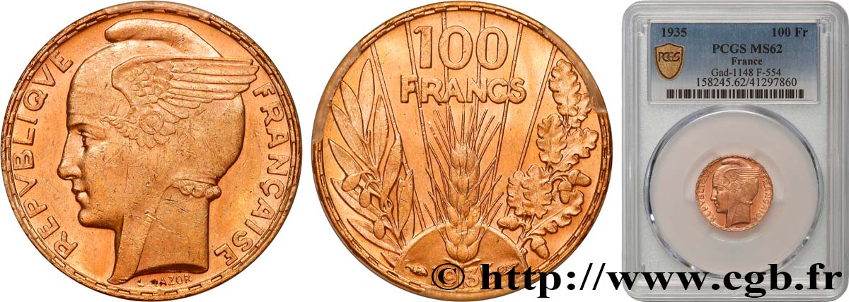 100 francs or, Bazor 1935 Paris F.554/6 SUP62 PCGS