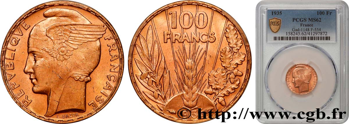 100 francs or, Bazor 1935 Paris F.554/6 MS62 PCGS